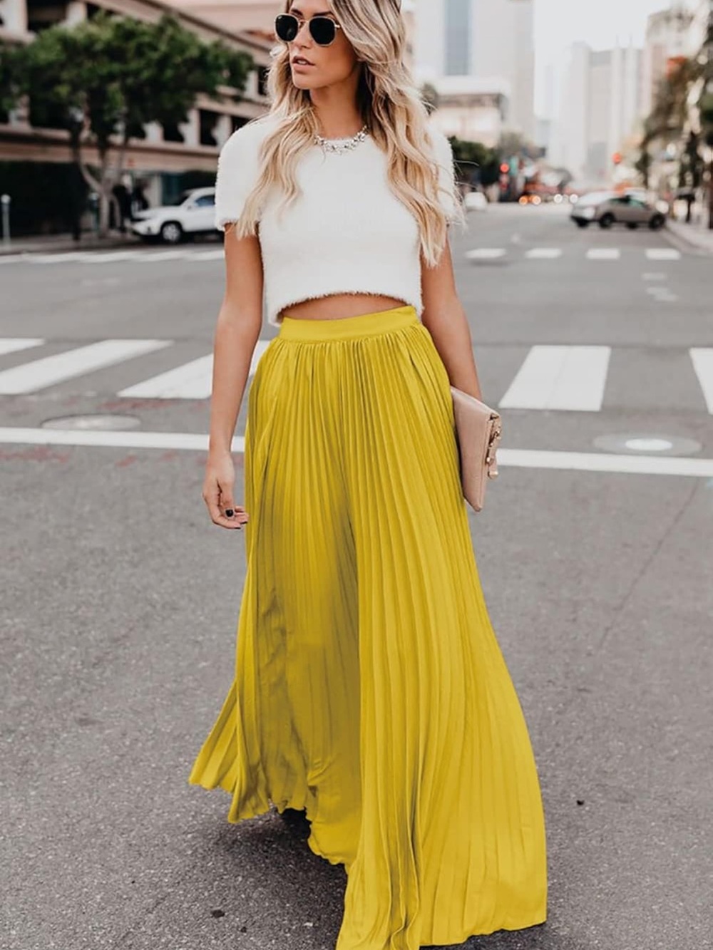 Pleated Yellow Maxi Skirt for Women